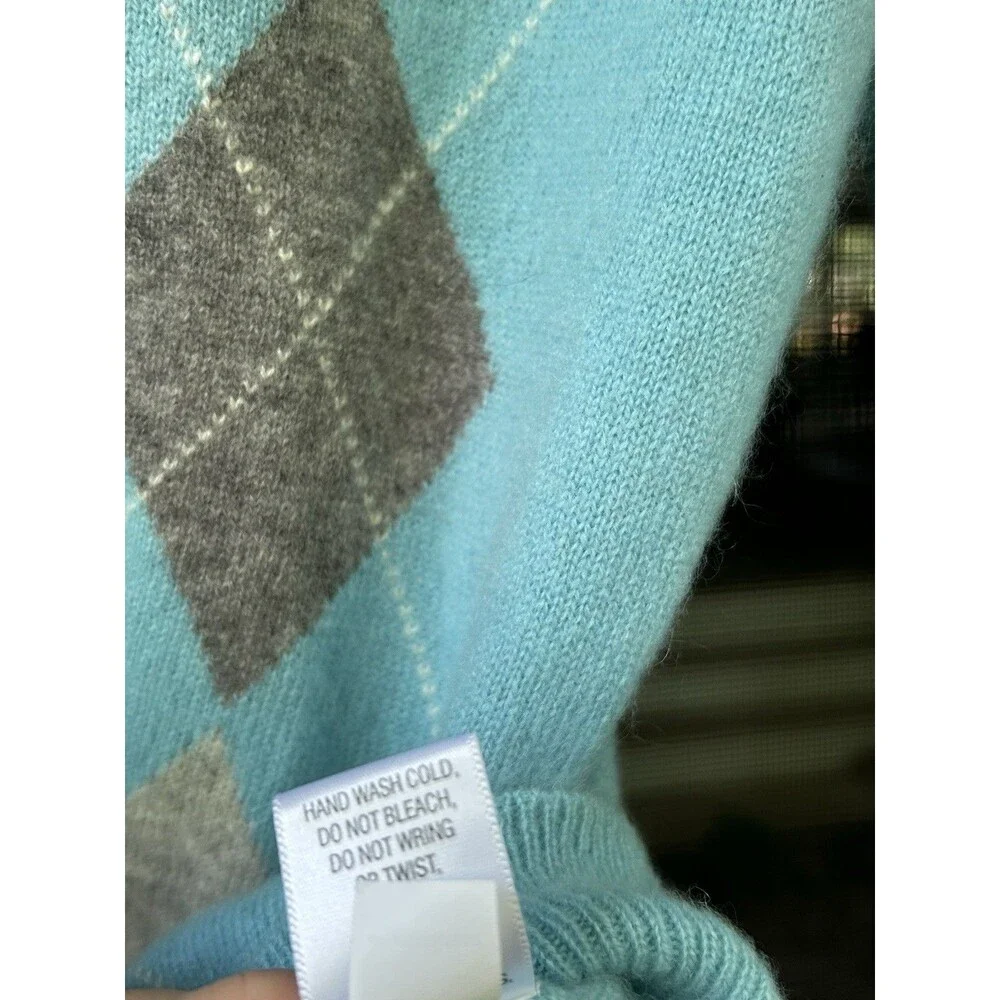 Apt. 9 100% Cashmere Turtleneck Sweater Argyle Size Medium Blue Grey Preppy Knit